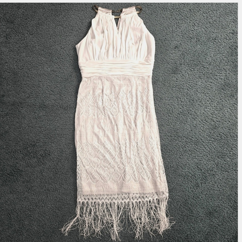JAX Women's Size 4 Ivory Cream Halter Midi Dress Fringe Gold Curb Chain Bridal